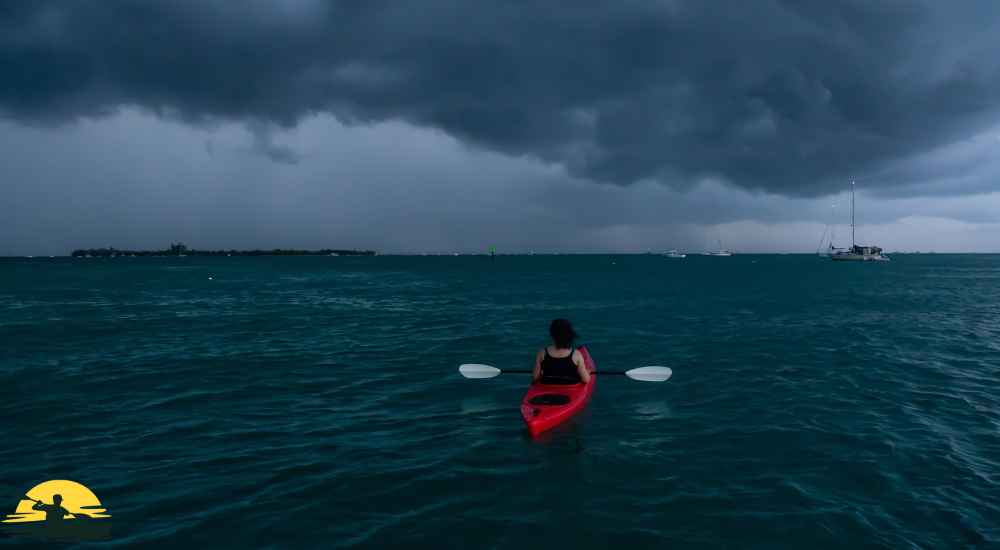 kayaking on a lake in stormy wether