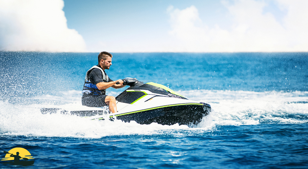 a man is driving jet ski on the water