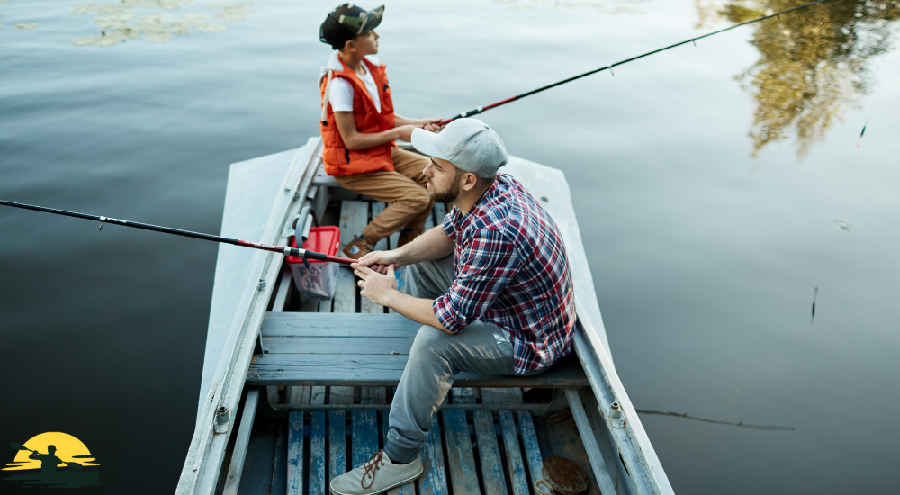 A man and a child are fishing 