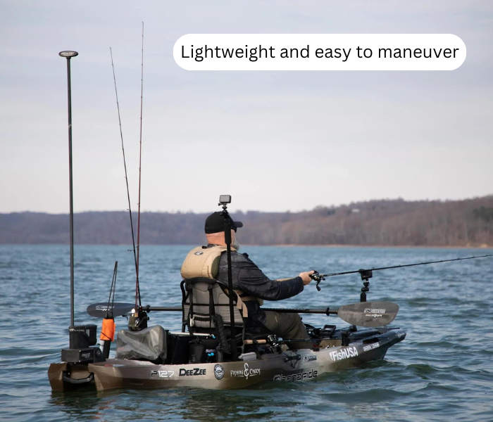 A man is fishing on a kayak and set stake out pole