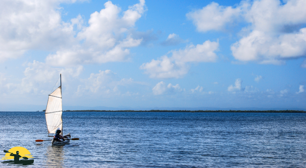 A man is kayaking with sail attached kayak